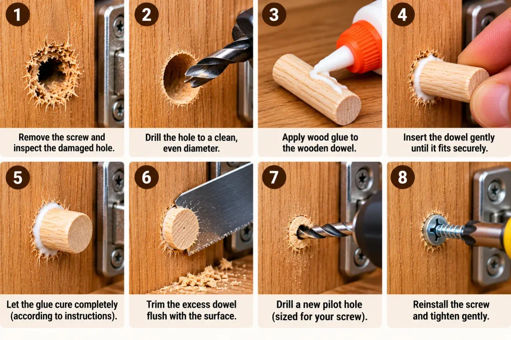 Inserting a glued wooden dowel into a stripped screw hole in solid wood