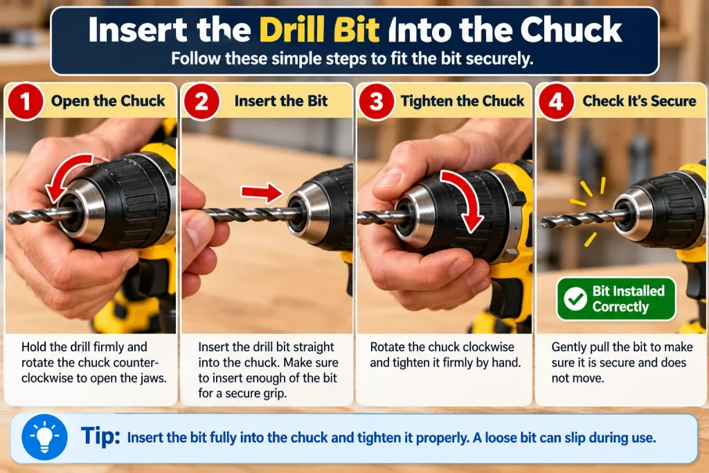 Inserting and tightening a drill bit securely into a cordless drill chuck