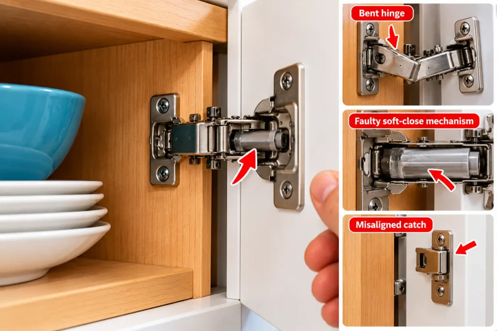 Inspecting a cabinet door hinge and soft close mechanism for damage
