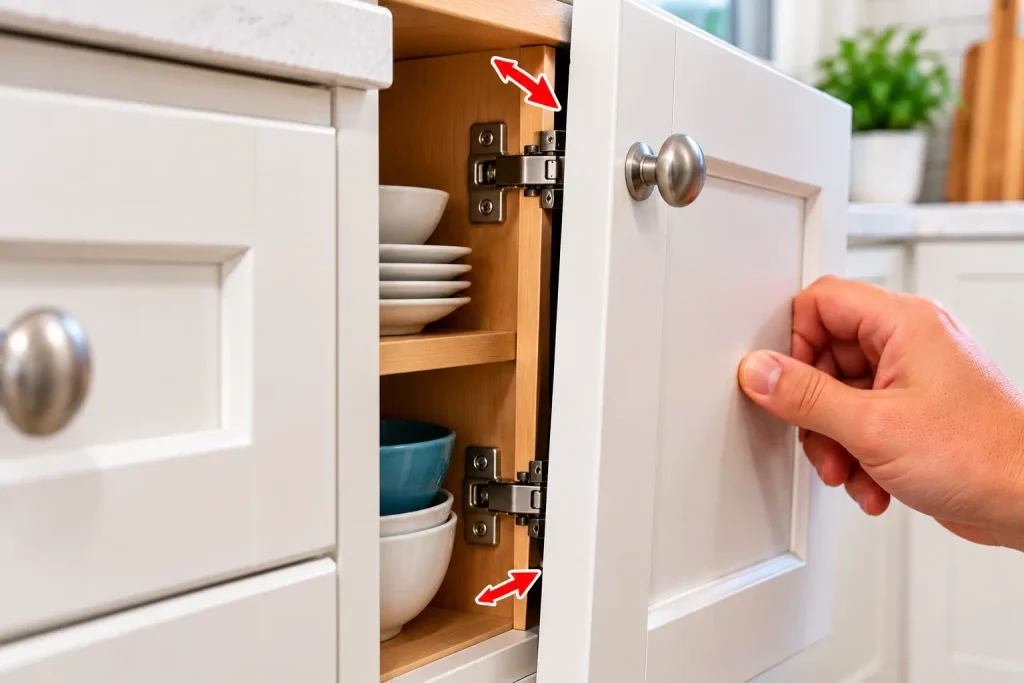 Inspecting a cabinet door that will not close properly with an uneven gap