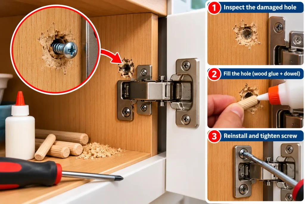 Inspecting a damaged cabinet hinge screw hole before repairing the mounting point