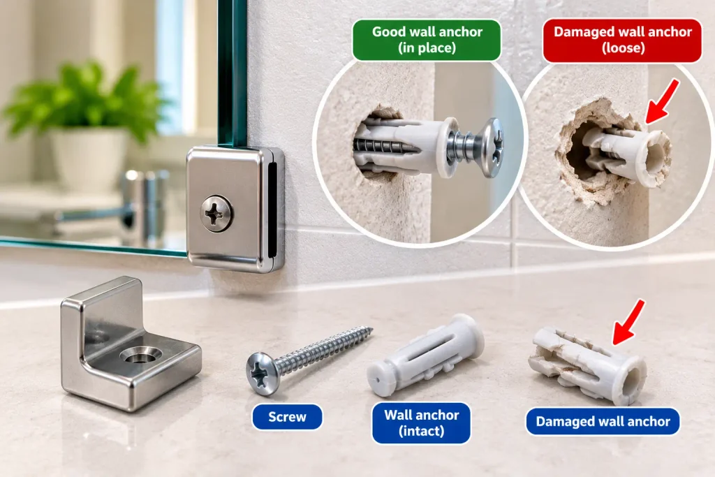 Inspecting a damaged wall anchor and enlarged screw hole for a bathroom mirror mount