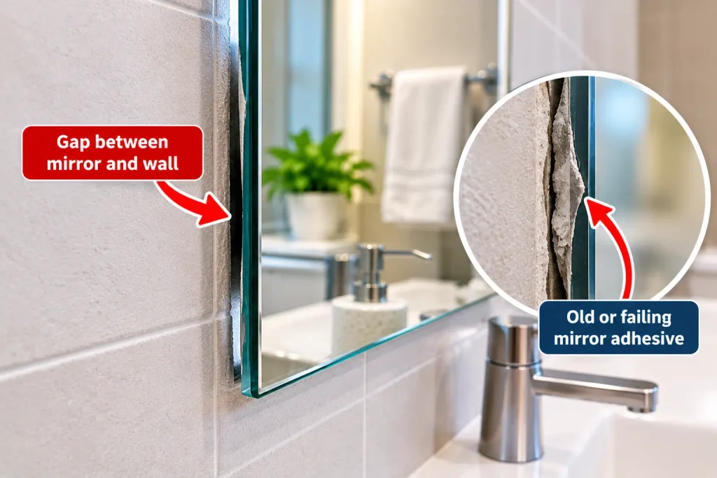 Inspecting a gap caused by possible failing adhesive behind a bathroom mirror