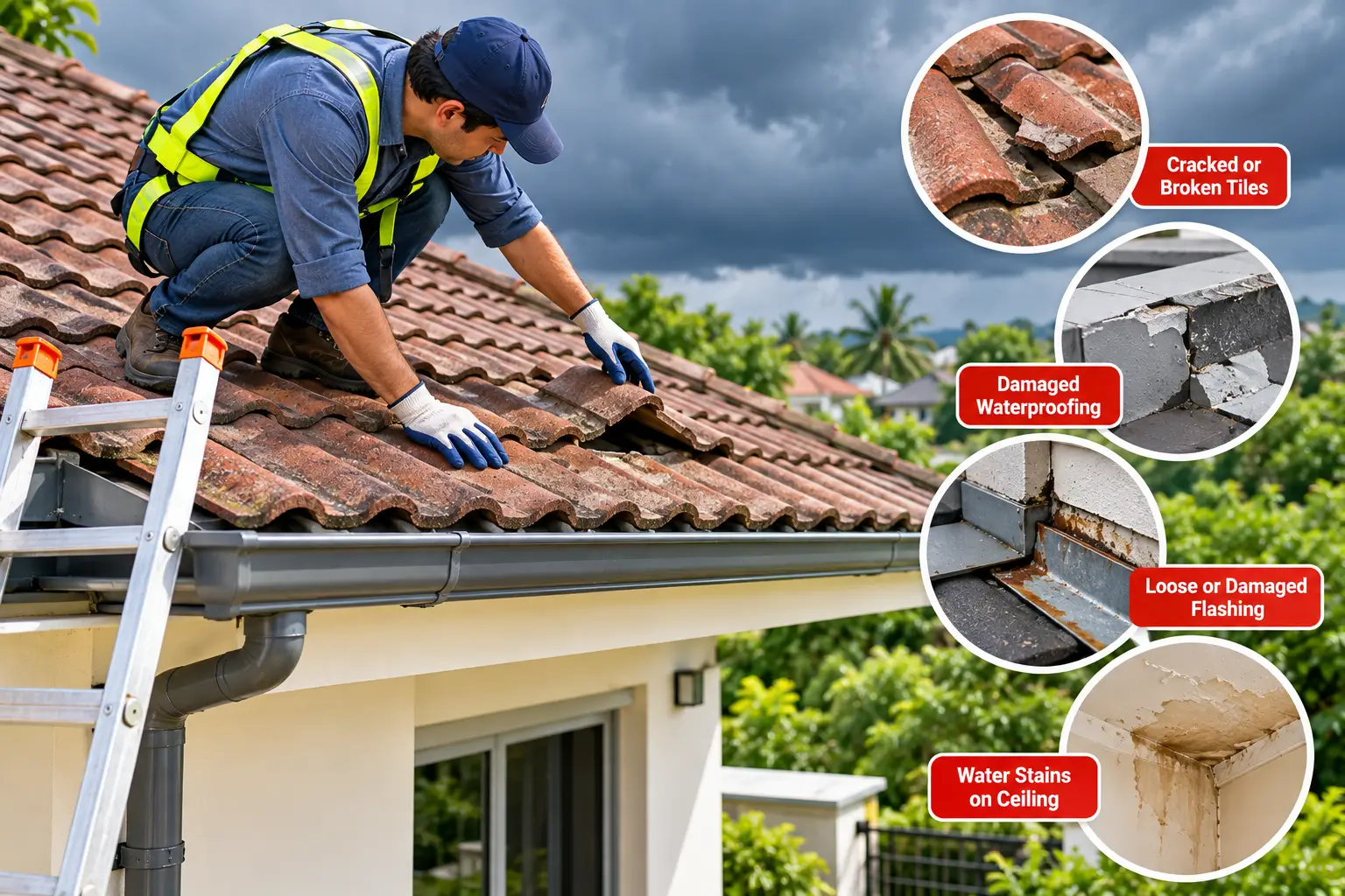 Inspecting a home roof for damage before monsoon