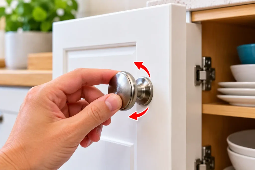 Inspecting a loose cabinet knob on a white kitchen cabinet door