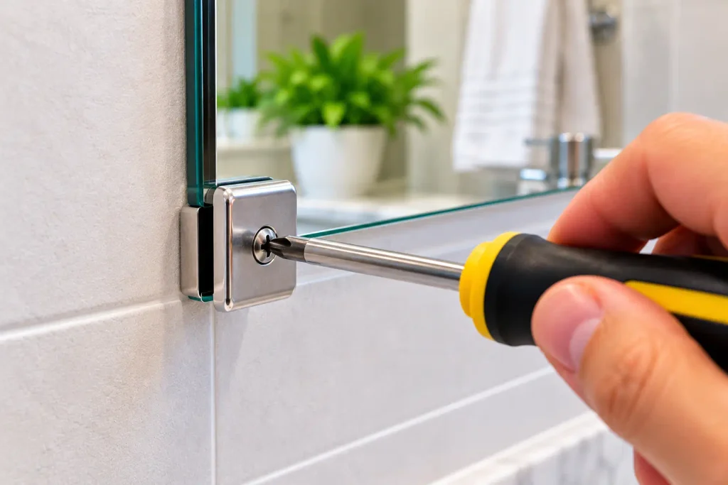 Inspecting an accessible screw on a bathroom mirror mounting clip
