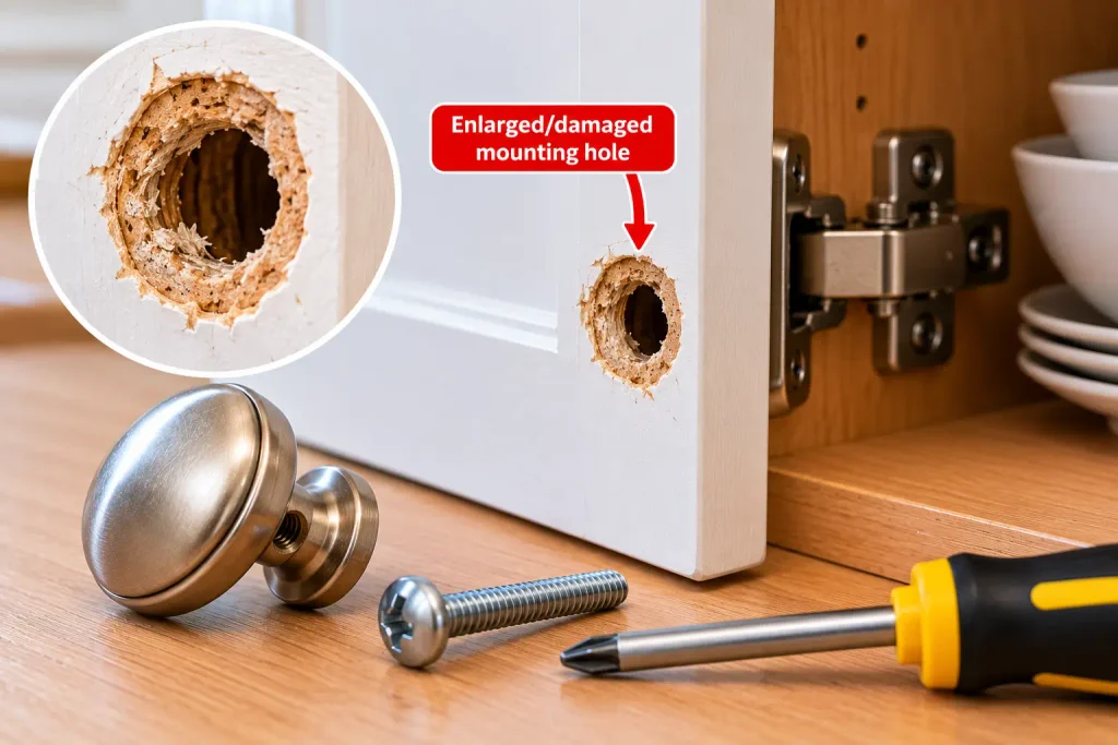 Inspecting an enlarged cabinet knob screw hole in a wooden cabinet door