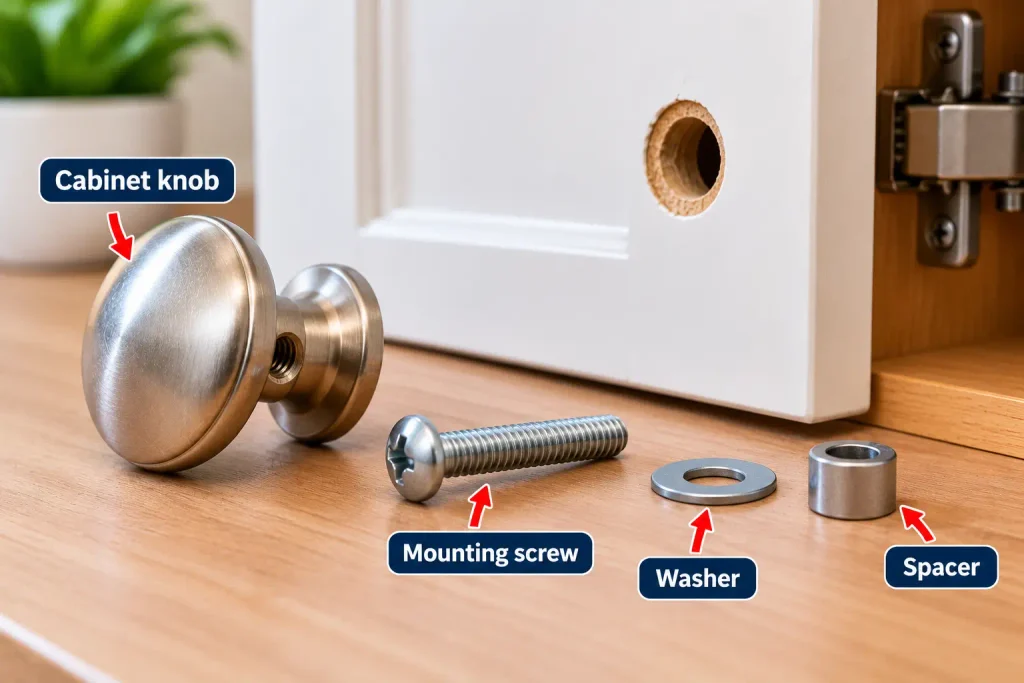 Inspecting cabinet knob mounting screw washer and spacer compon