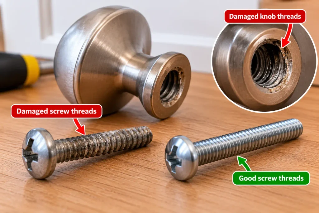 Inspecting damaged mounting screw threads on a loose cabinet knob