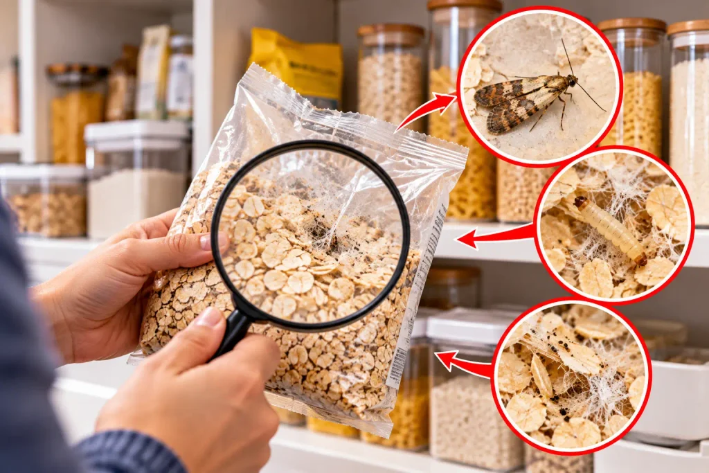 Inspecting dry food packages for pantry moth signs before storing them