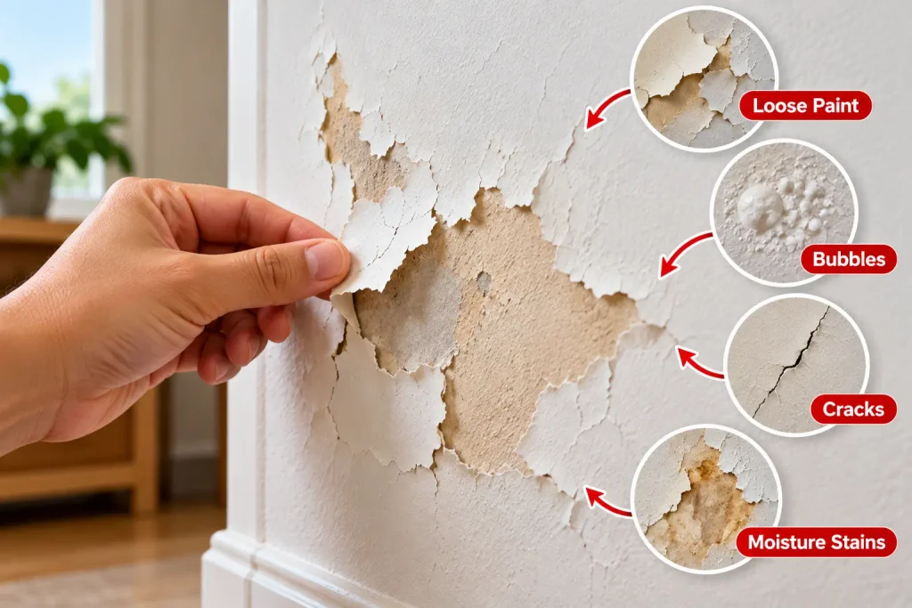 Inspecting peeling and bubbling paint on an interior wall before repair