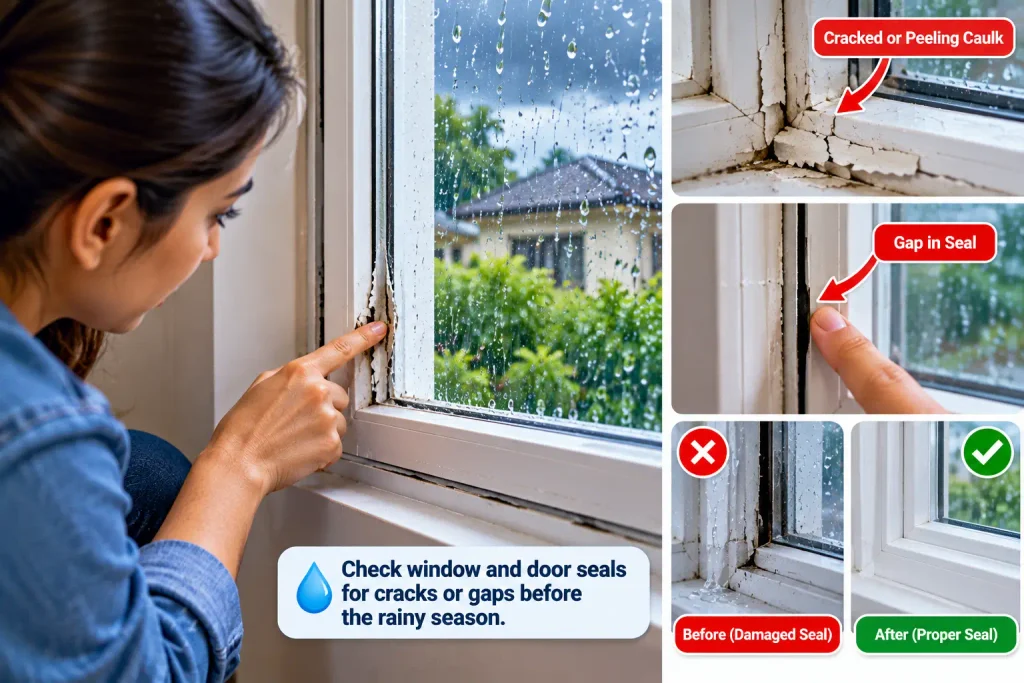Inspecting window seals and caulk for rainwater entry before monsoon