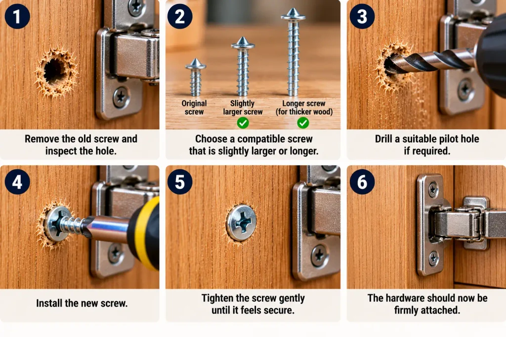 Installing a compatible replacement screw into a wooden board after checking the pilot hole