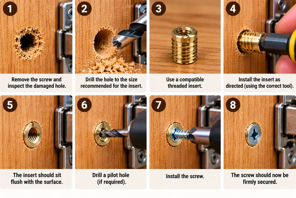 Installing a compatible threaded insert into a prepared screw hole in wood