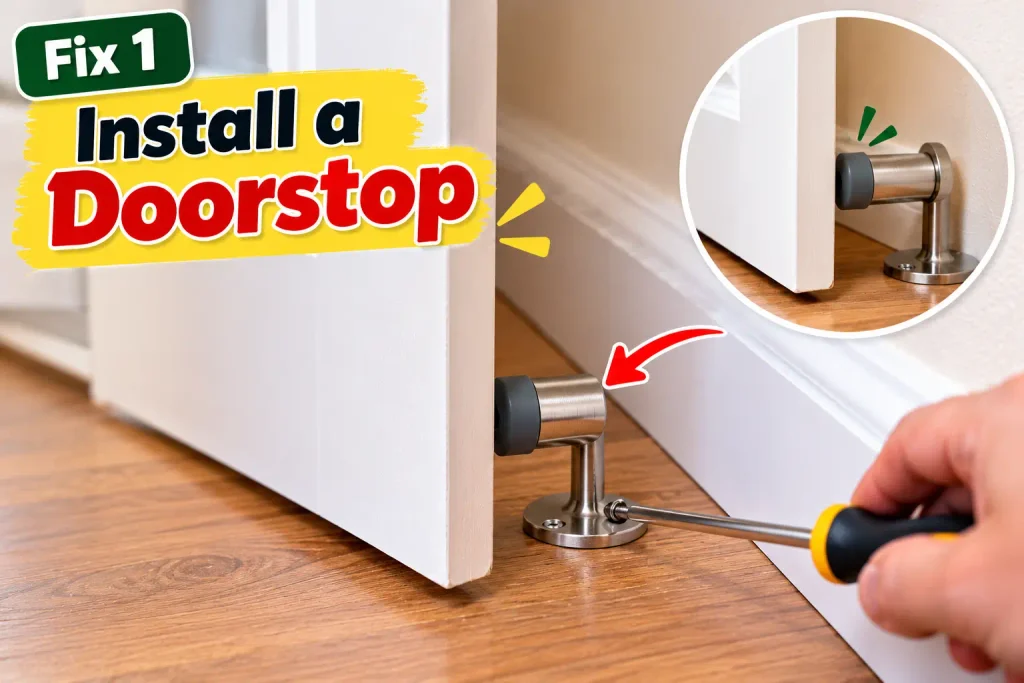 Installing a doorstop to prevent an interior door from hitting the wall