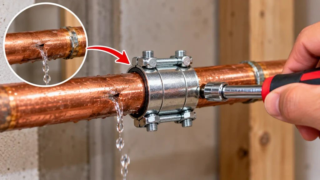 Installing a pipe repair clamp over a small damaged pipe leak