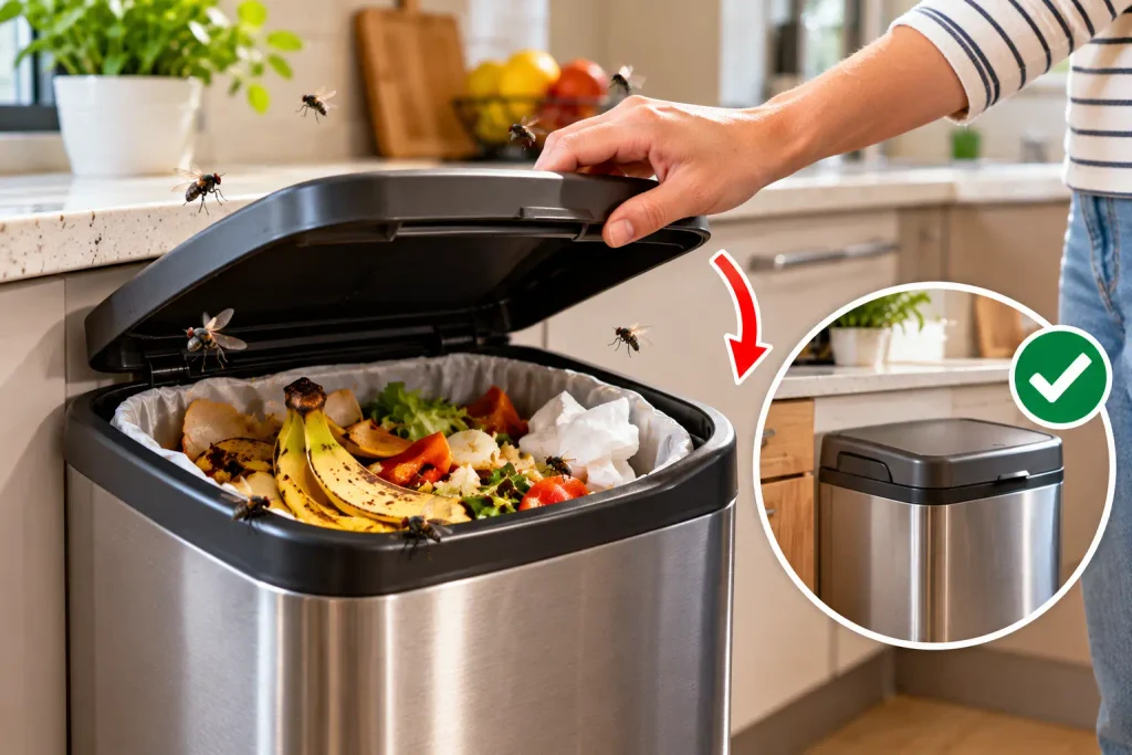 Keeping a kitchen garbage bin covered to help prevent flies