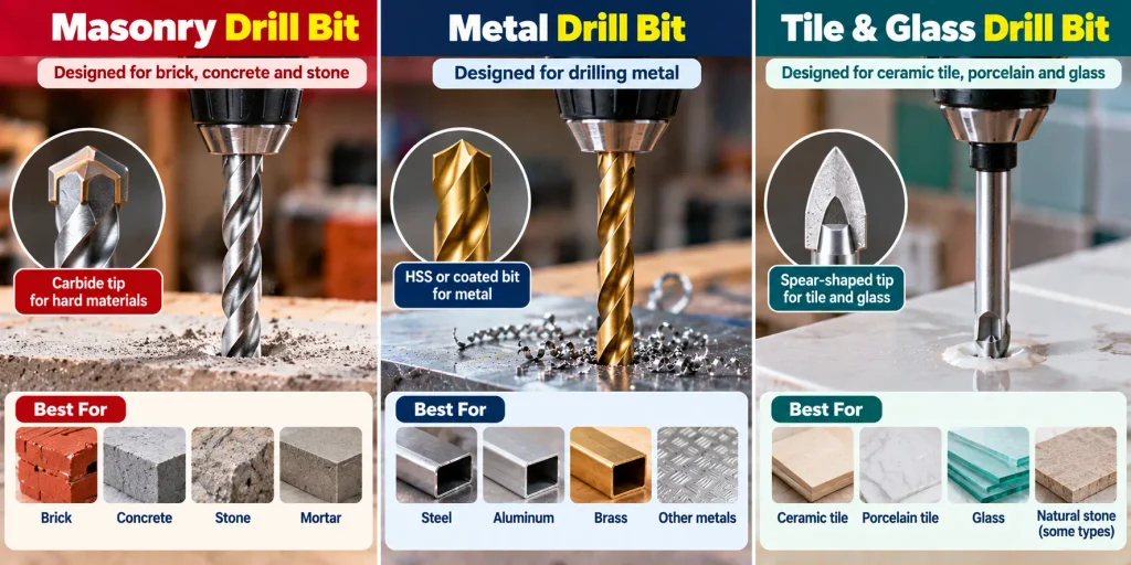 Masonry metal and tile drill bits compared for different materials