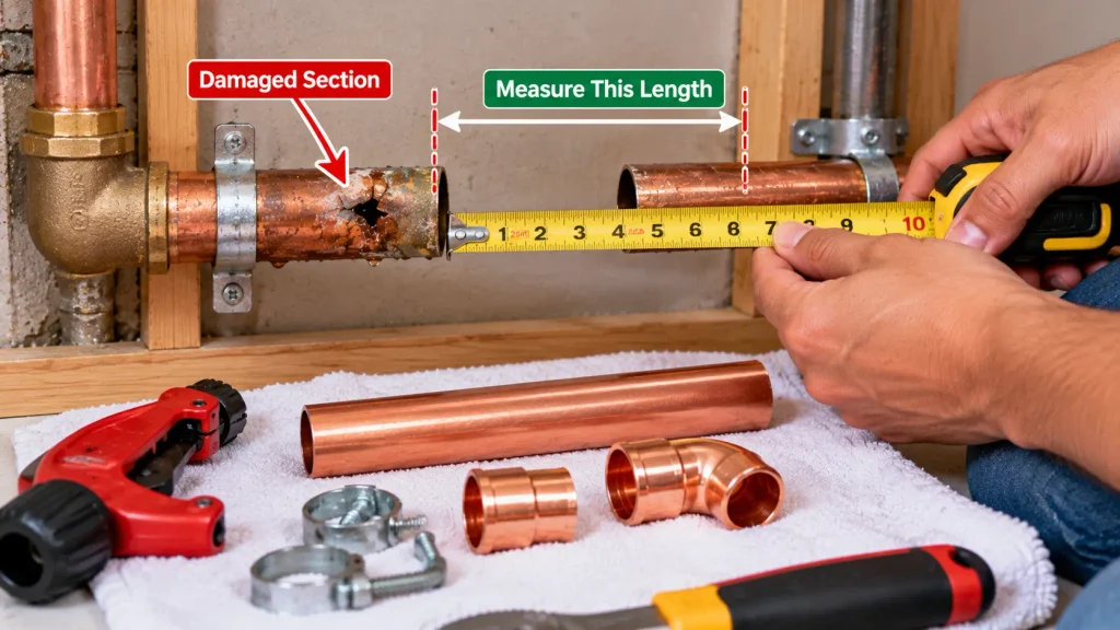 Measuring a damaged pipe section before replacing it