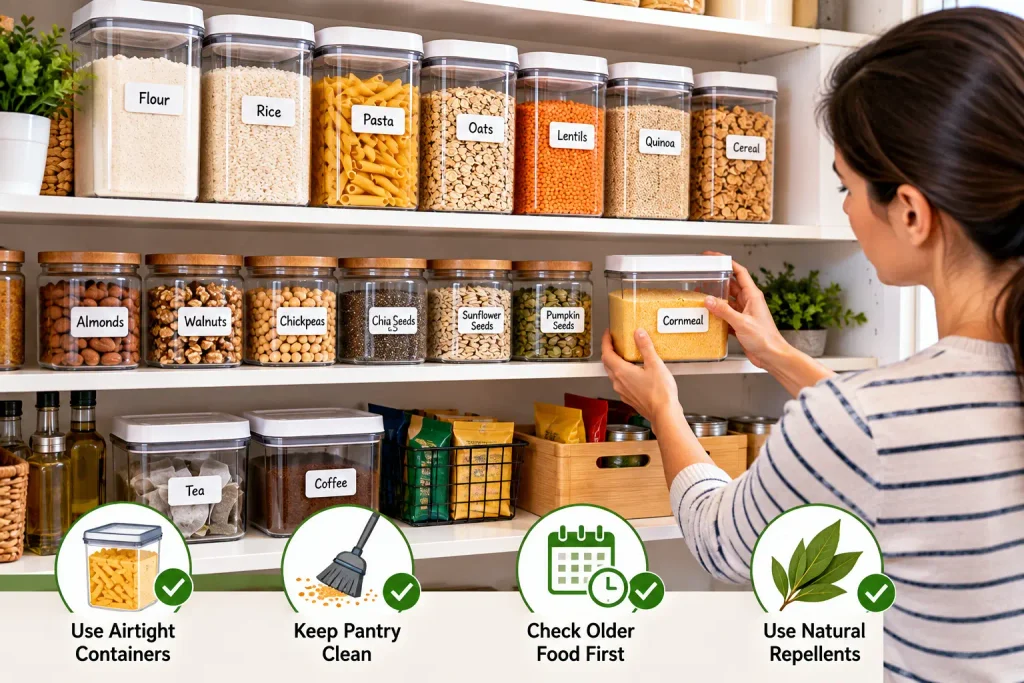 Organized pantry with airtight containers for preventing pantry moths