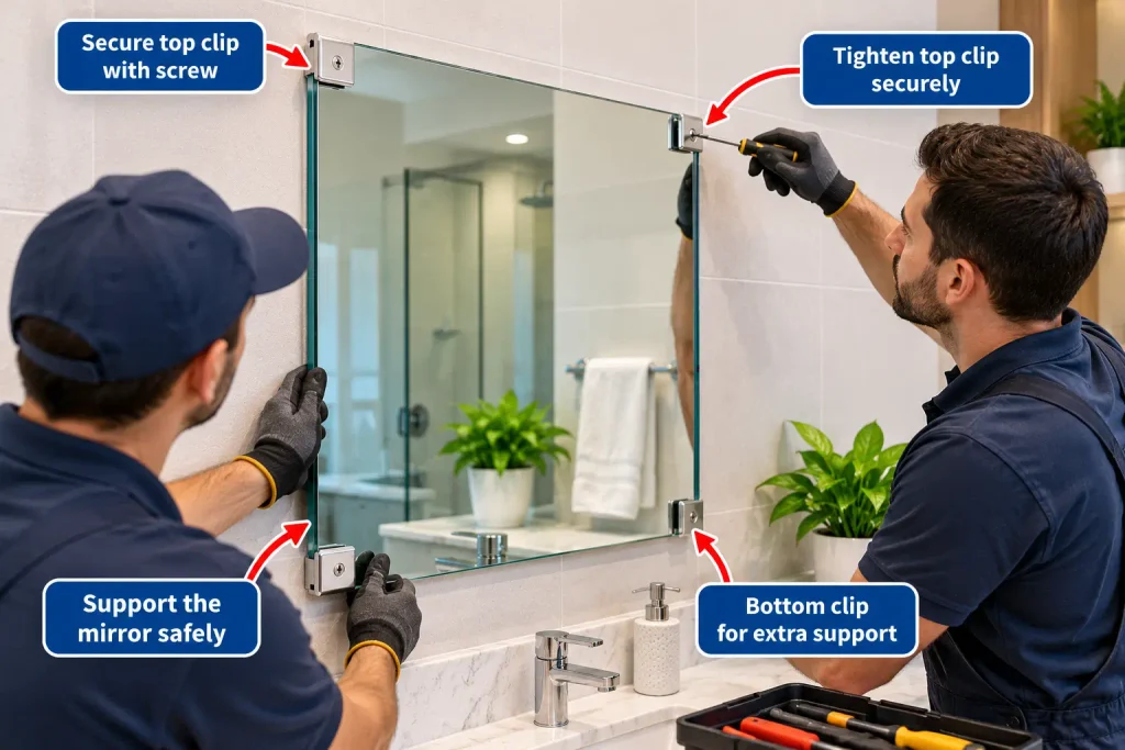 Professionally securing a bathroom mirror with compatible mounting brackets