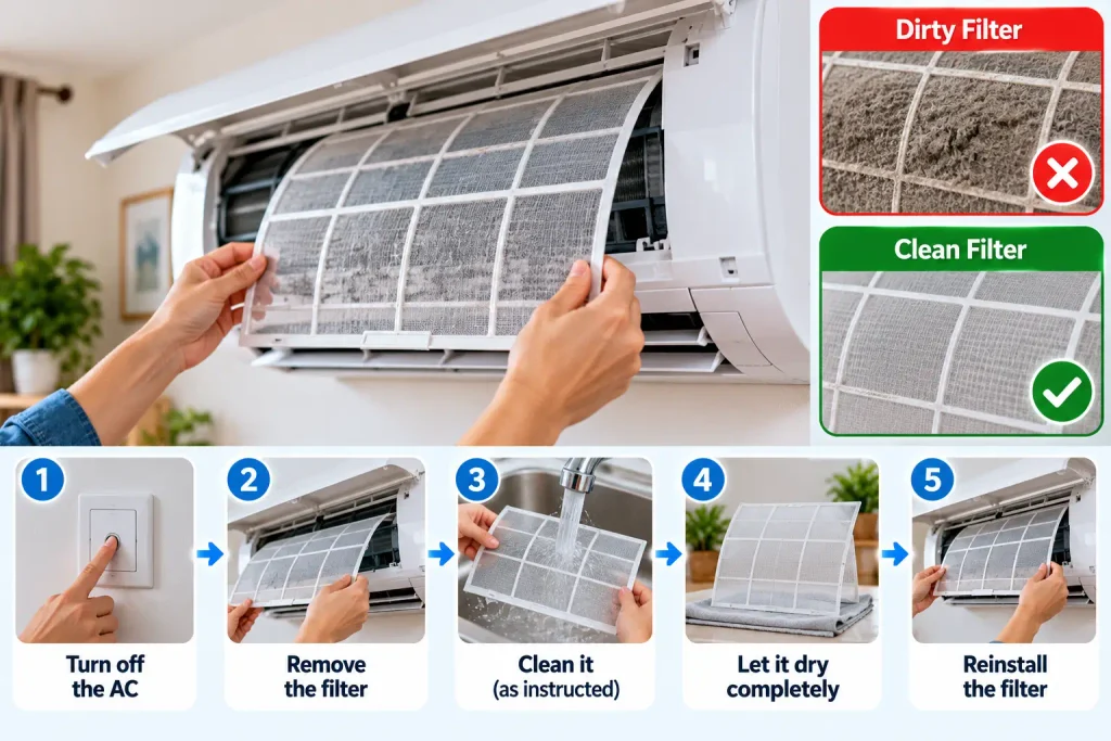 Removing an air conditioner mesh filter for cleaning or replacement