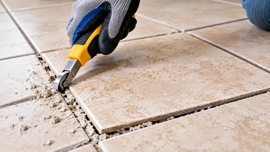 Removing grout around a loose floor tile with a grout removal tool