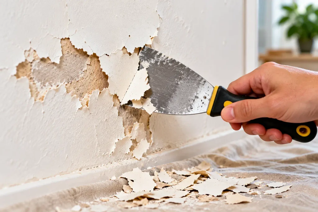 Removing loose peeling wall paint with a putty knife before repainting