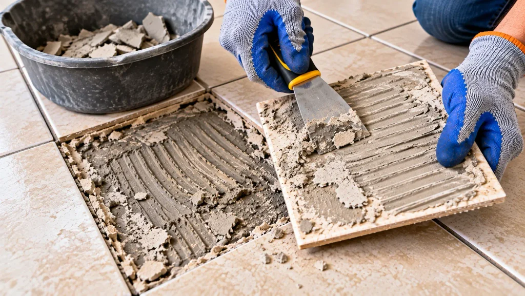 Removing old adhesive from a floor tile and the floor surface