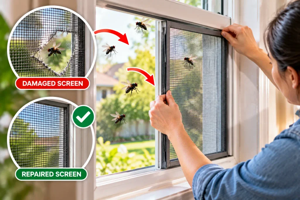 Repairing a damaged window screen to prevent flies from entering the house