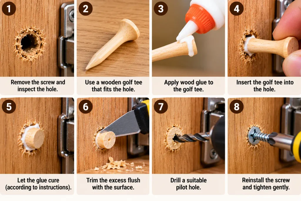 Repairing an enlarged screw hole in wood with a wooden golf tee and wood glue