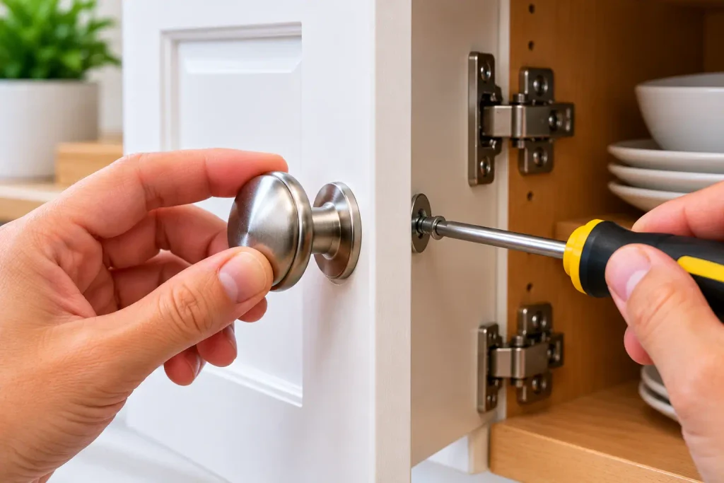 Replacing a damaged cabinet knob with a compatible new knob and mounting screw