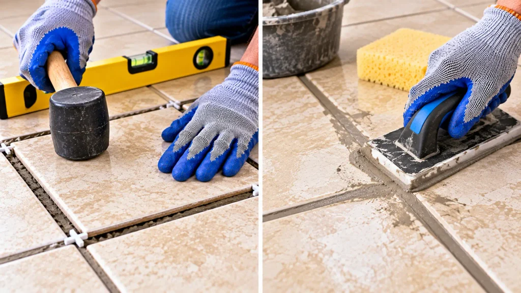 Resetting and leveling a floor tile before applying grout
