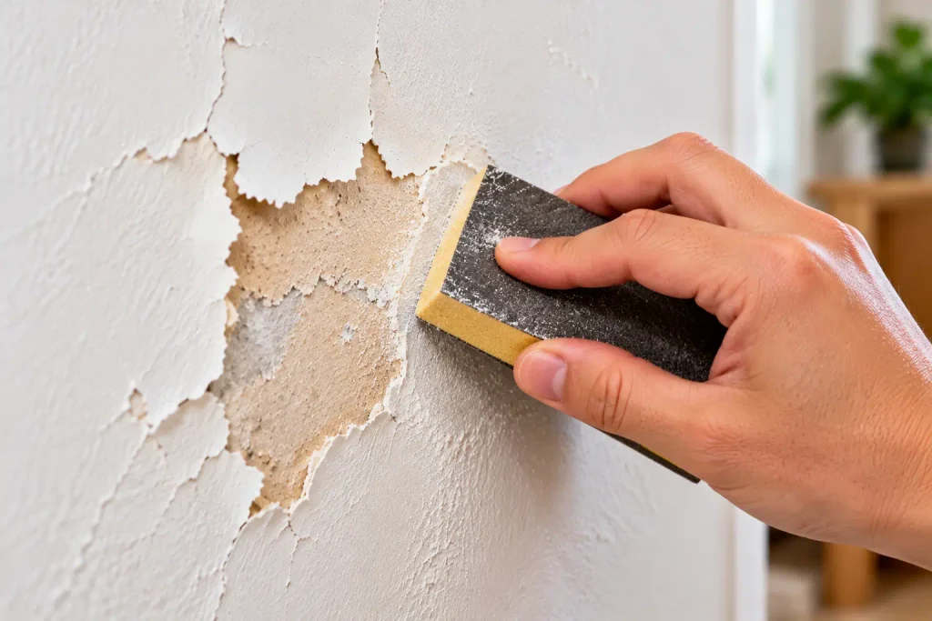 Sanding the edges of a peeling paint repair to smooth the wall surface