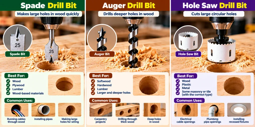 Spade auger and hole saw bits for making large holes in wood