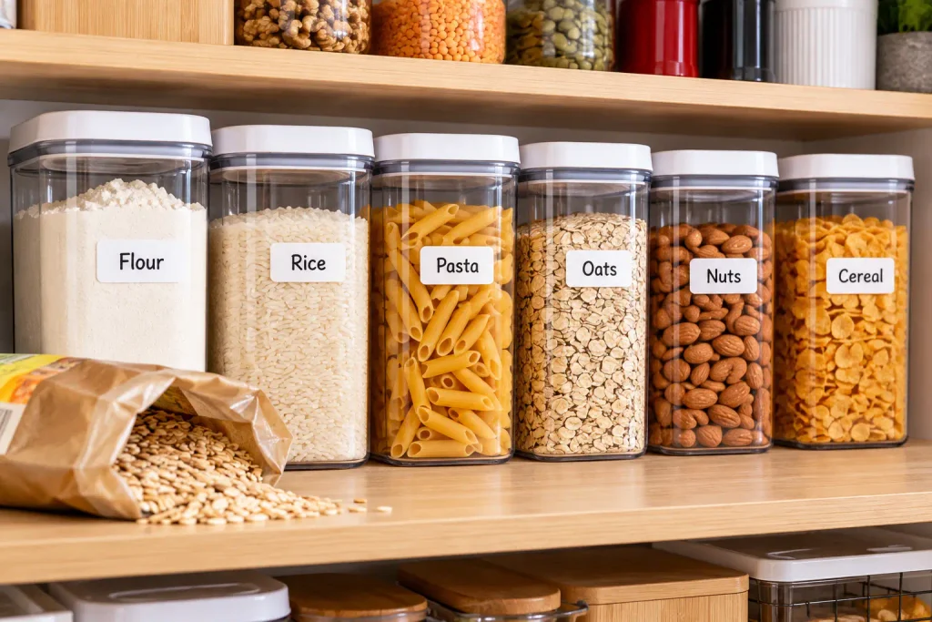 Storing dry foods in airtight containers to prevent pantry moths