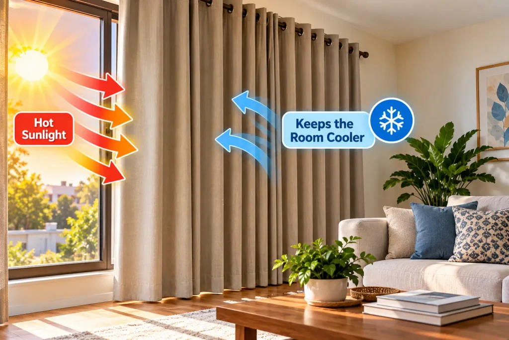 Thermal curtains blocking direct sunlight from entering a living room