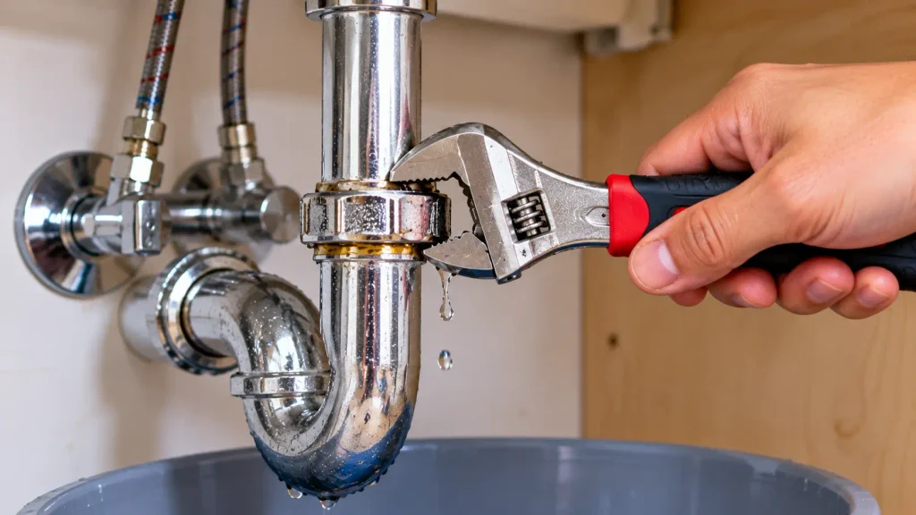 Tightening a loose pipe connection with an adjustable wrench