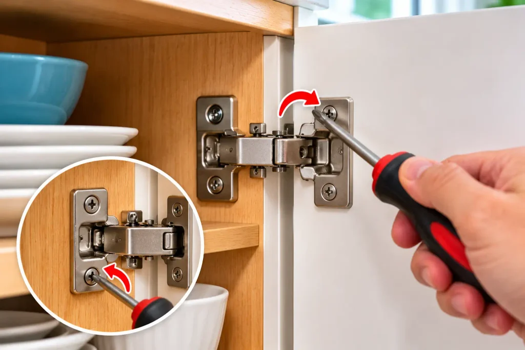 Tightening loose screws on a concealed kitchen cabinet door hinge with a screwdriver