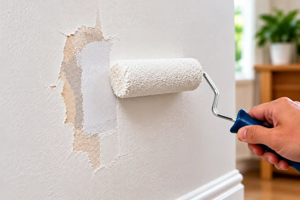 Touching up a repaired wall paint patch with a mini roller and matching paint
