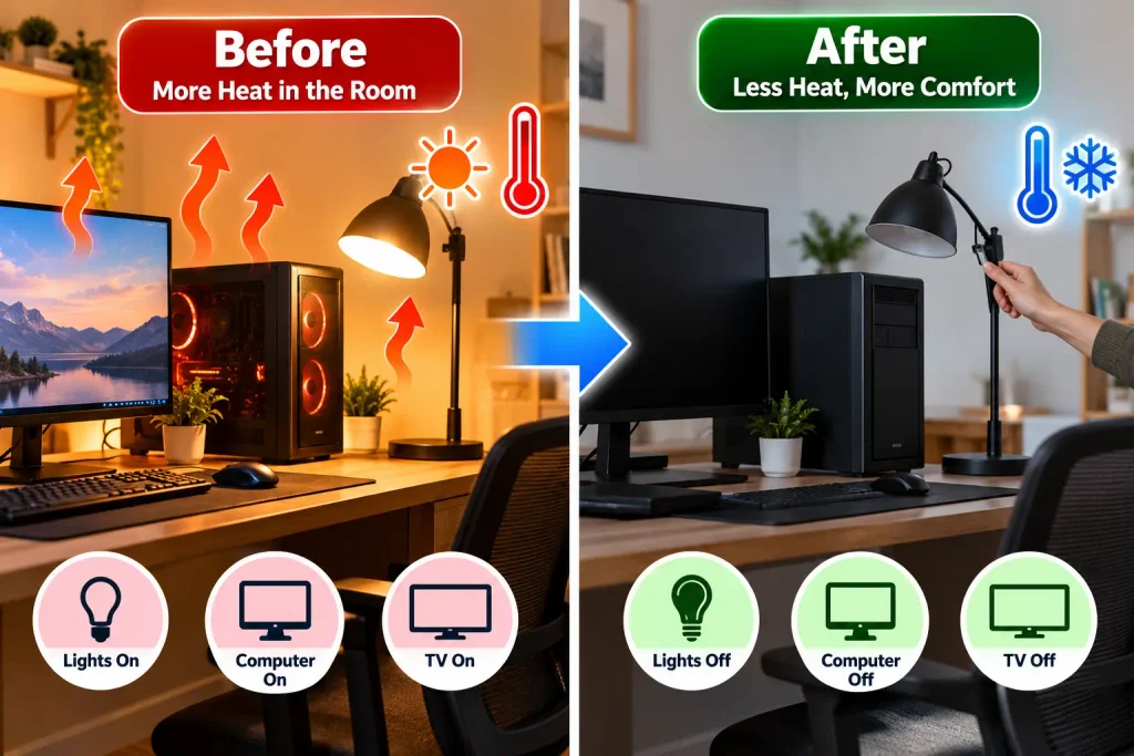 Turning off unused computer equipment and lights in a home office