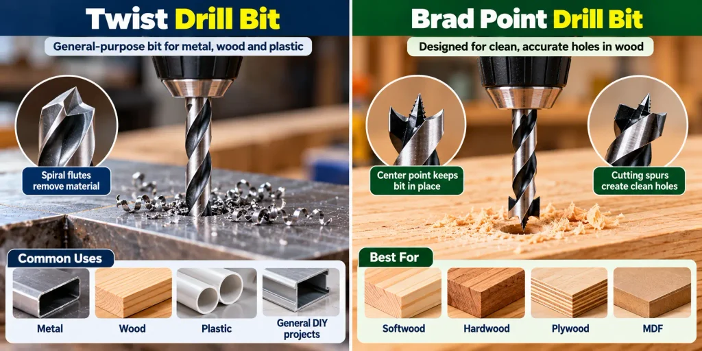 Twist drill bit for metal and brad point drill bit for clean wood holes