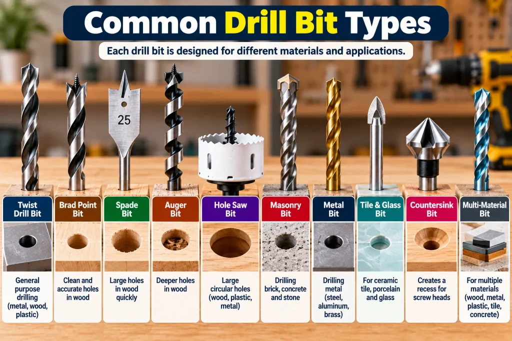 Different drill bit types for wood metal masonry tile and other DIY projects