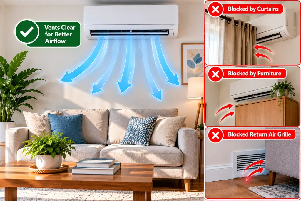 Unobstructed air conditioning vent above a living room sofa