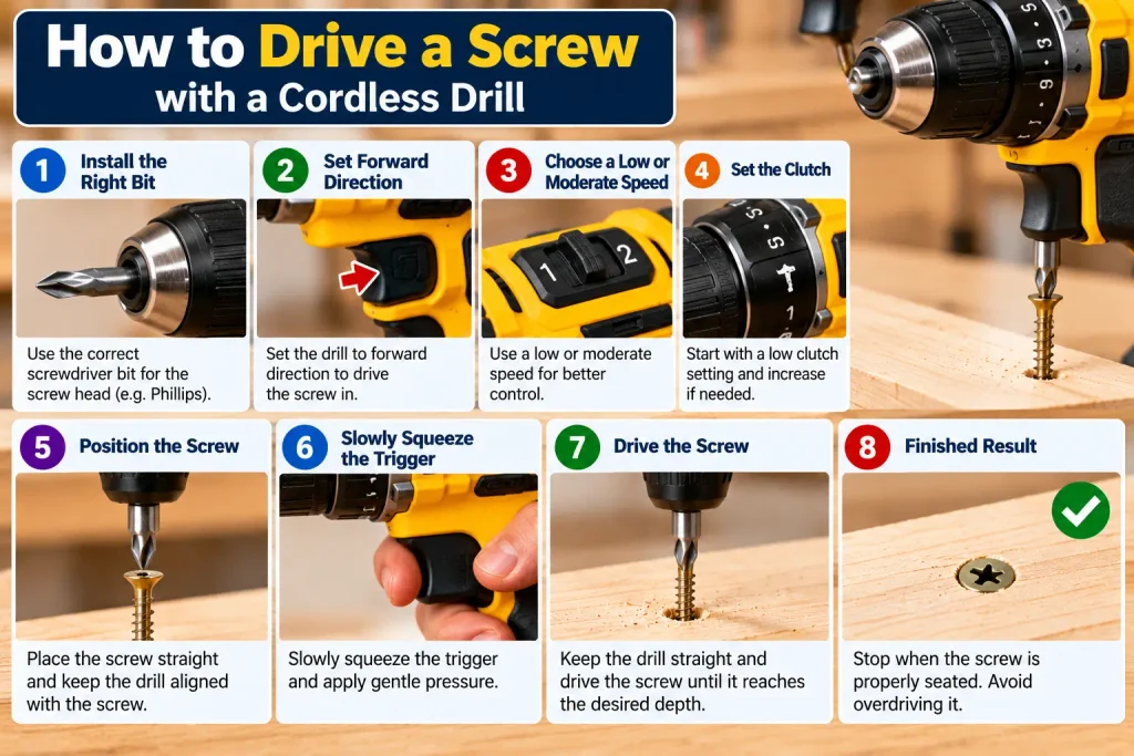 Using a cordless drill to drive a screw into a wooden board