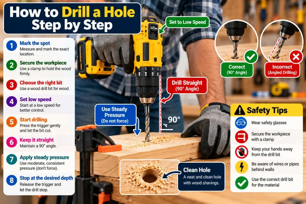 Using a cordless drill to make a hole in wood with controlled pressure